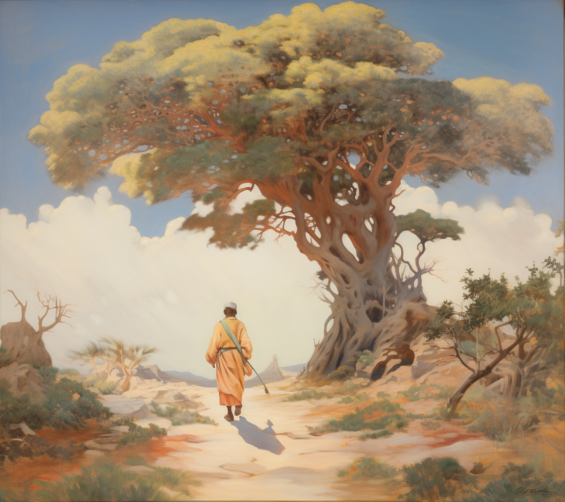 Man walking down a road with a tree