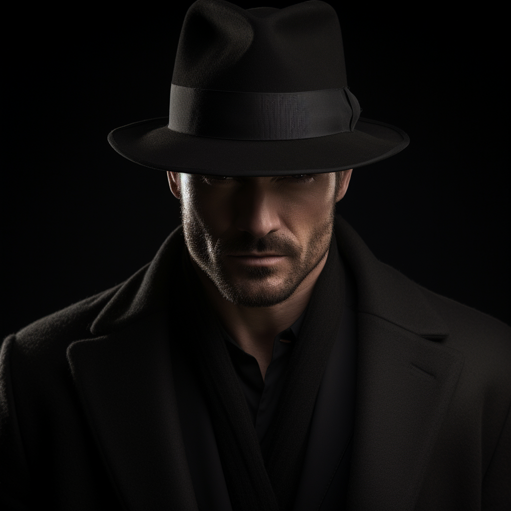 man wearing black hat mafia style