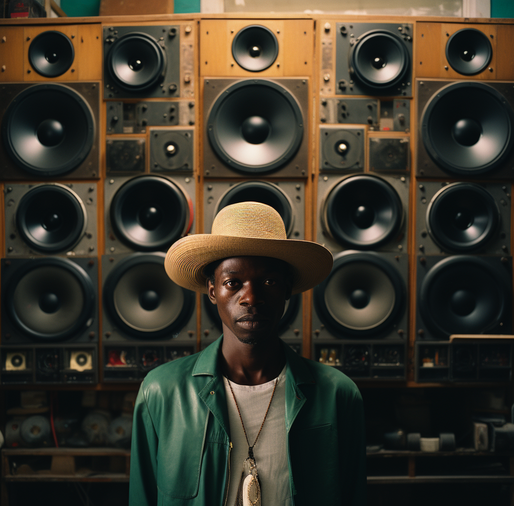 Stylish man standing by speakers