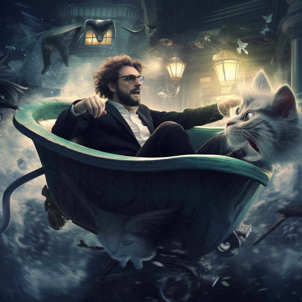 Man with Cat Ear flying on Clawfoot Bathtub