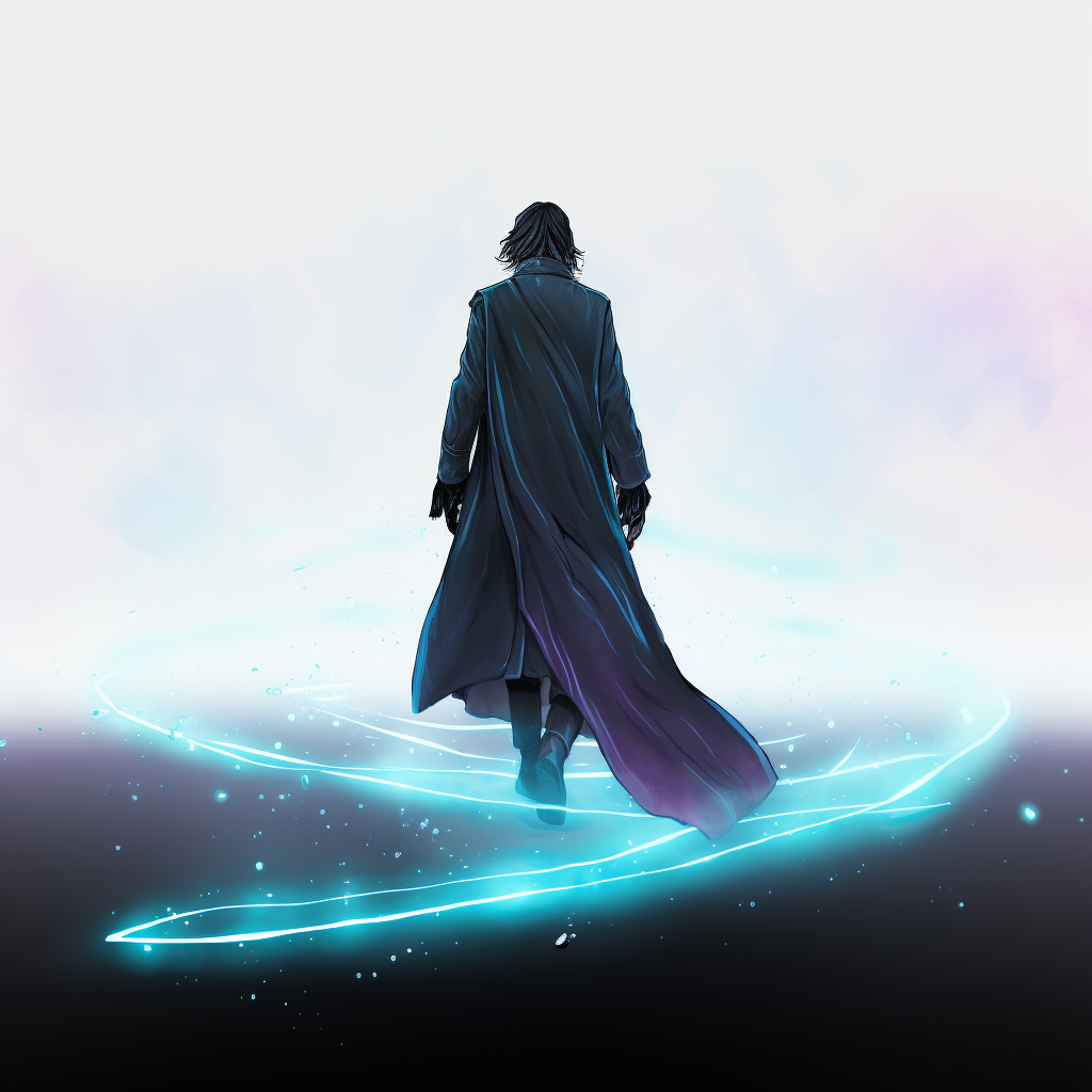 Man in black cloak looking at a horizontal line