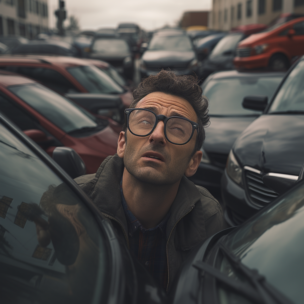 Closeup of a man extracting himself from a stack of cars