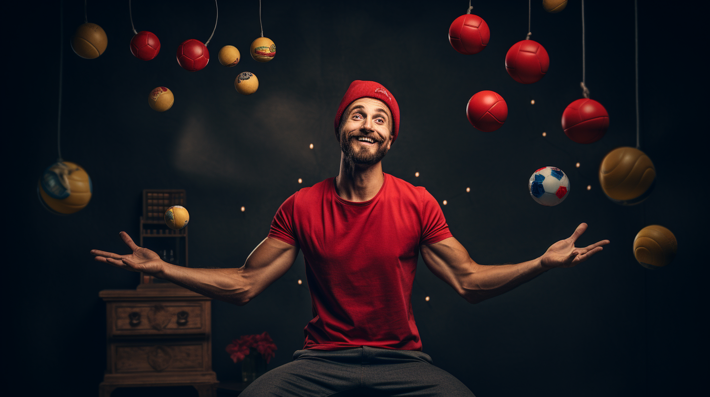 Man juggling 5 emoji balls