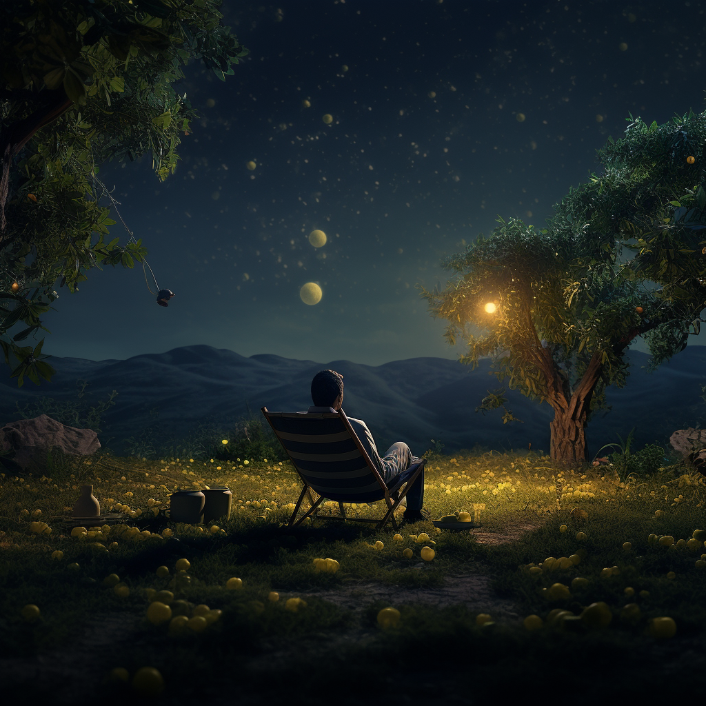 Man watching night sky under lemon tree