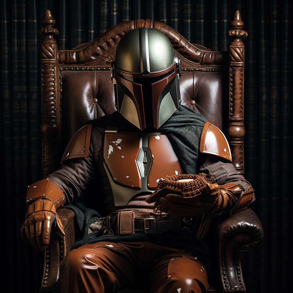 Mandalorian helmet on leather chair