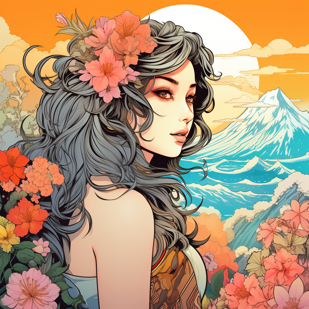 Manga woman with flowers on hillside