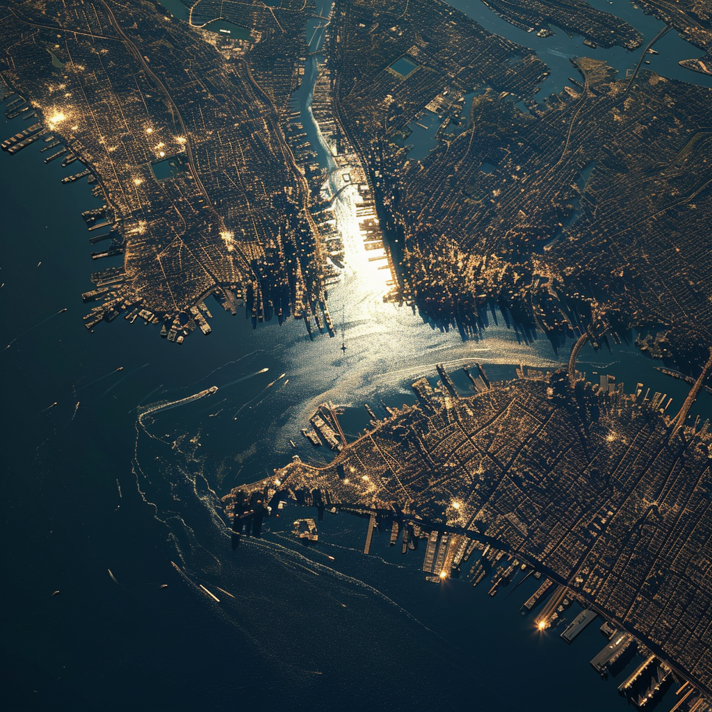 Satellite view of Manhattan Island with nearby meteor strike