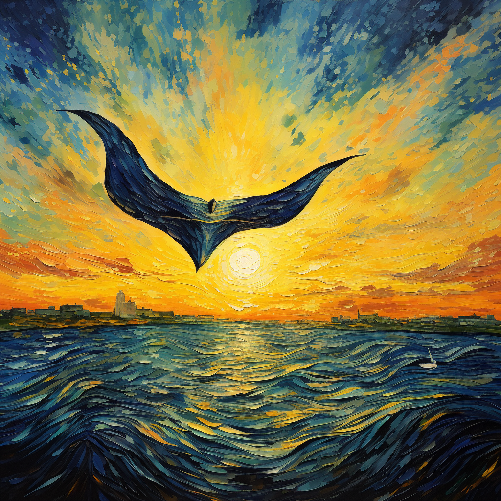 Majestic manta ray flying at sunset