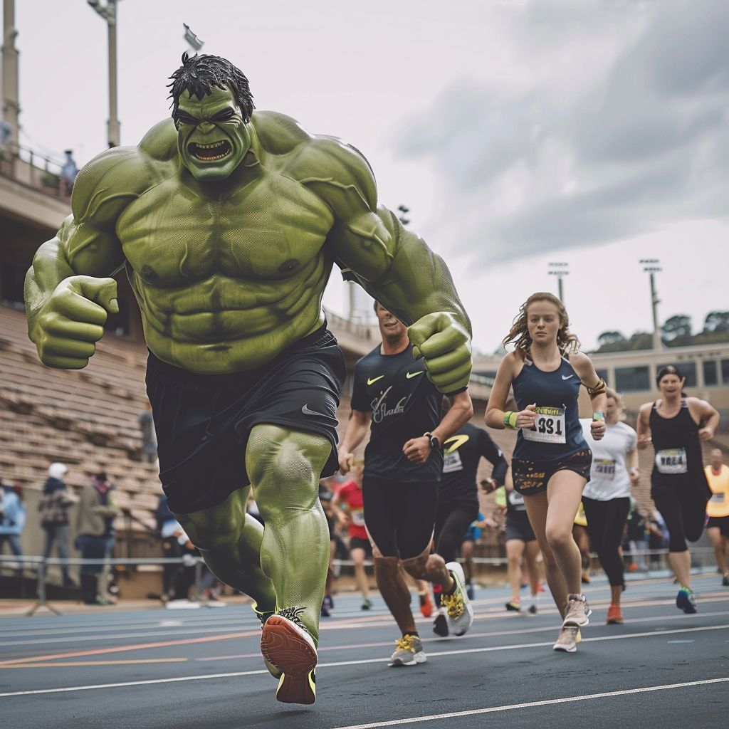 Hulk running with marathon competitors