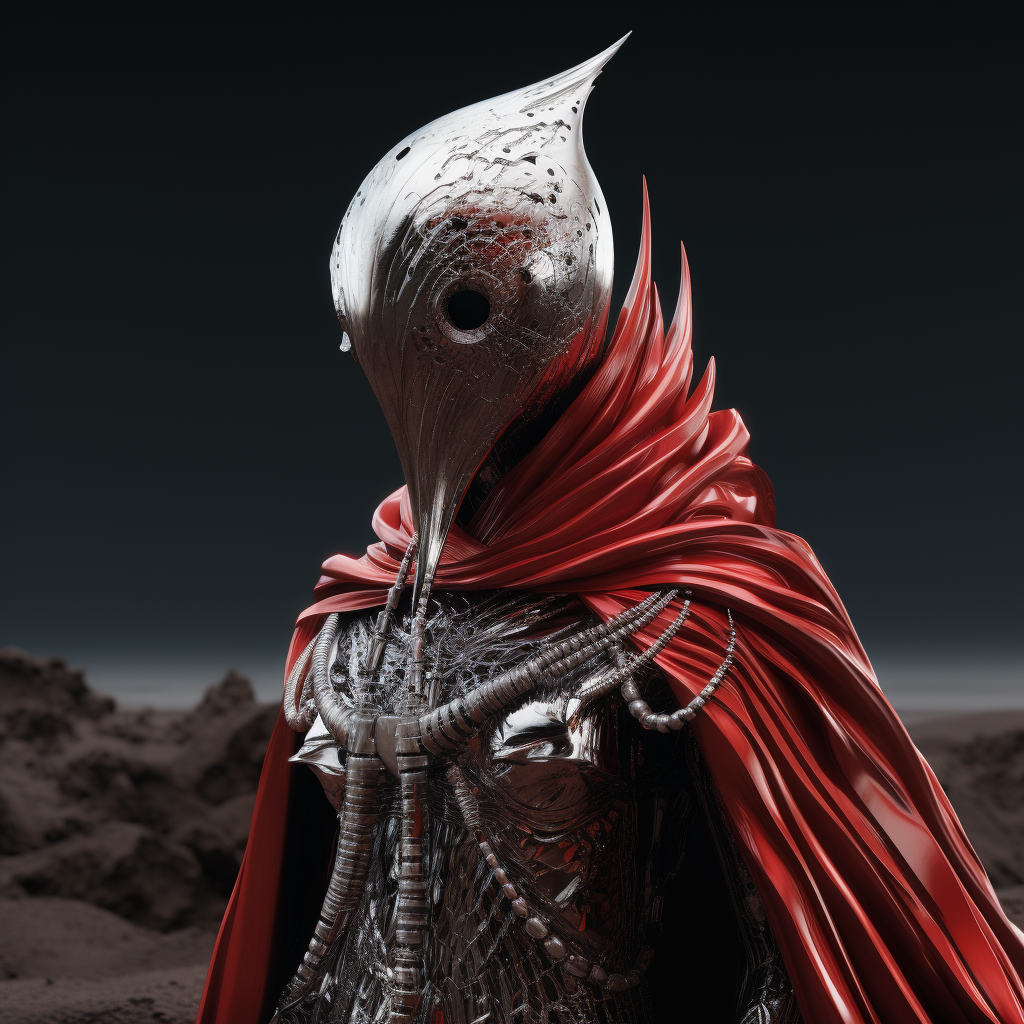 Cinematic mars alien bird with foil cloak and coral garments