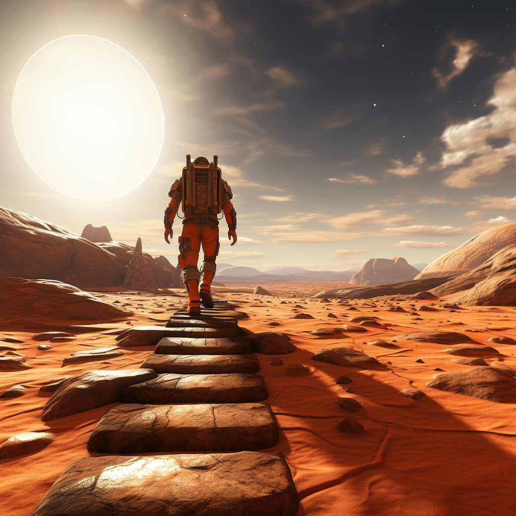 First Person Stepping Foot on Mars with Alien Shadow