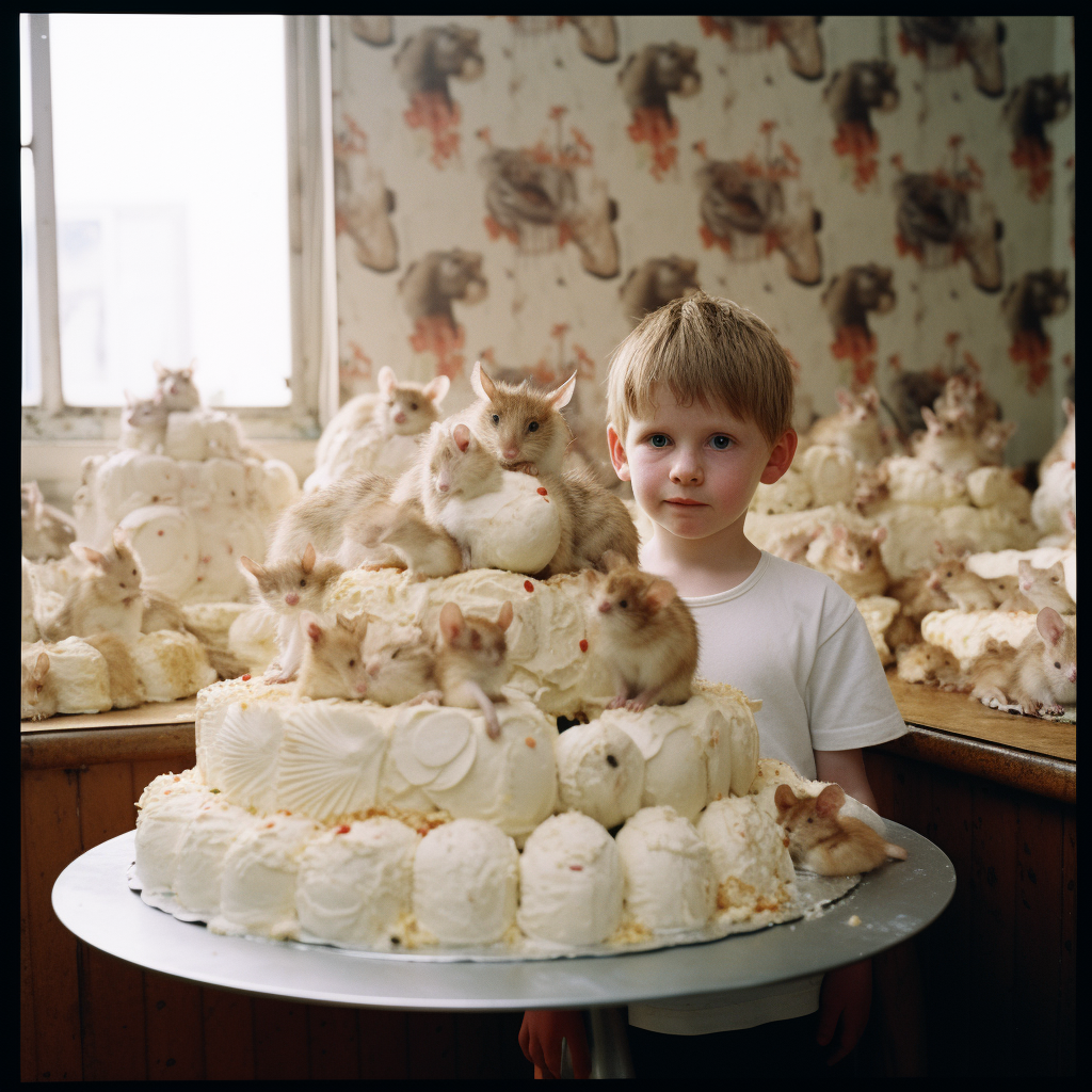 Boy near cake made with real mice