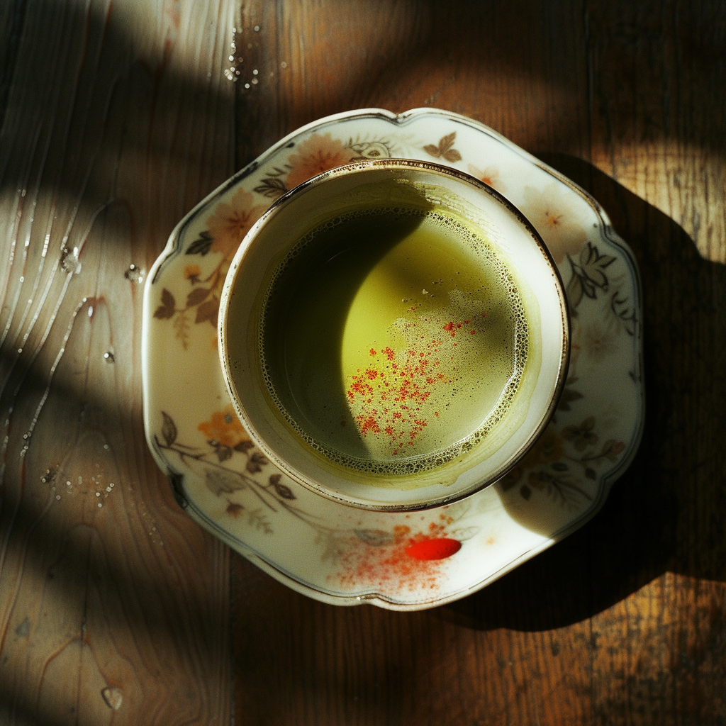 Matcha cup on wooden table with lipstick smudge