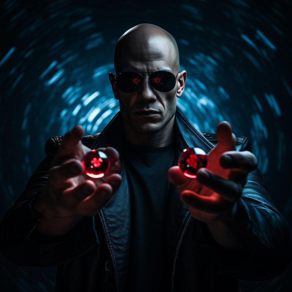 Morpheus holding red and blue pills