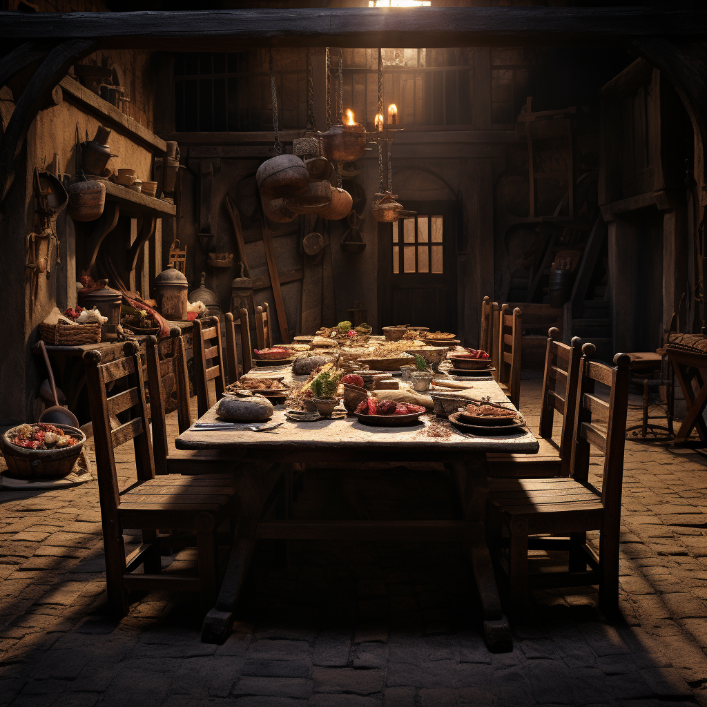 Medieval dinner table with food and chairs