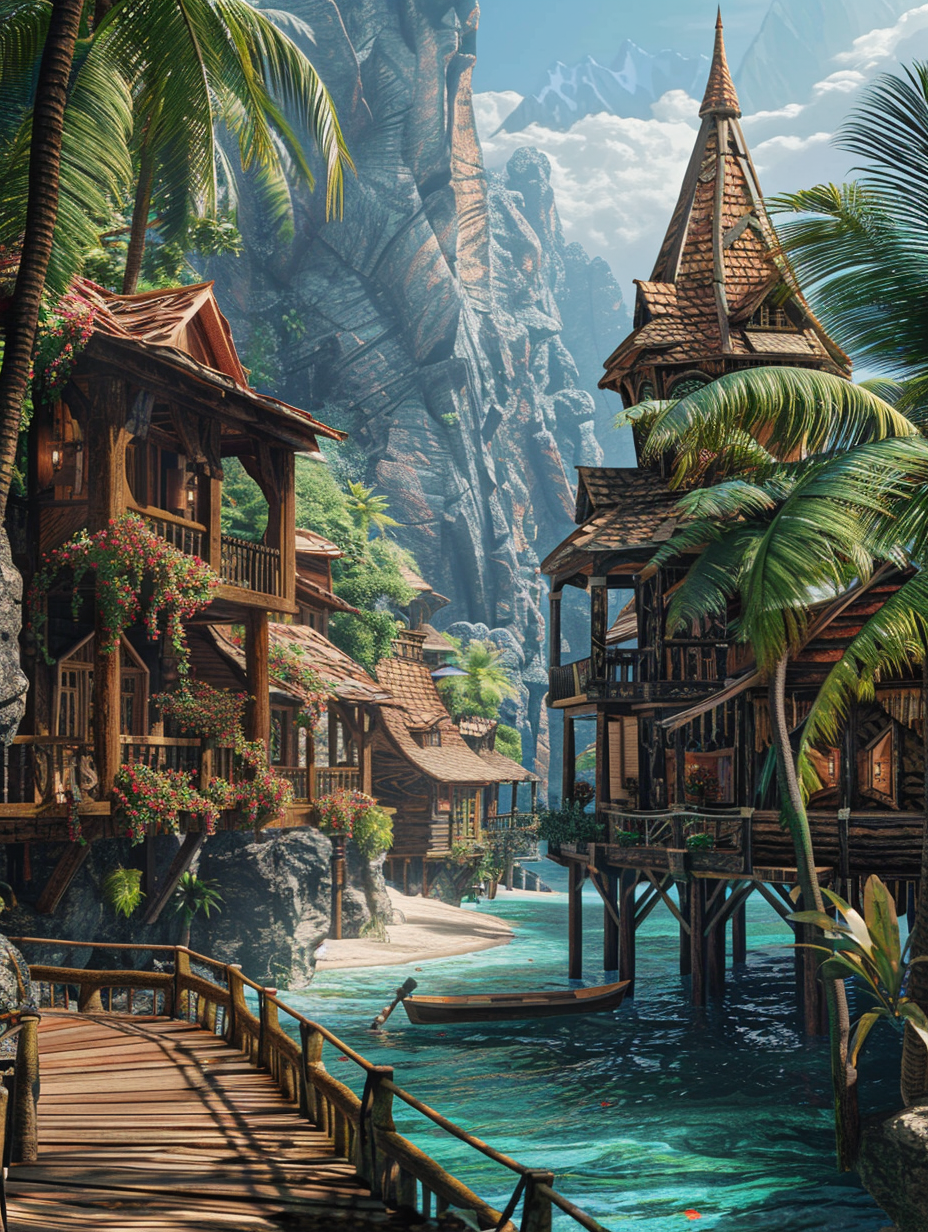 Medieval Island Caribbean Kingdom Foliage Buildings