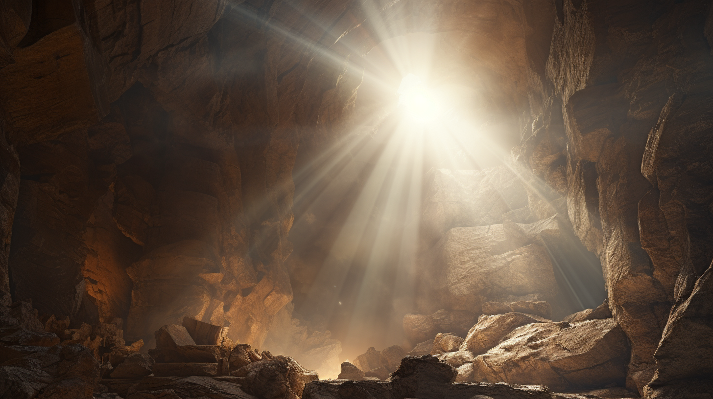 Mesmerizing medieval light ray cave artwork