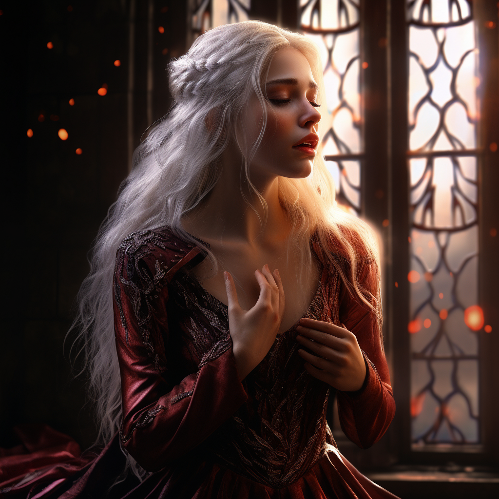 Young medieval queen Targaryen crying in pain