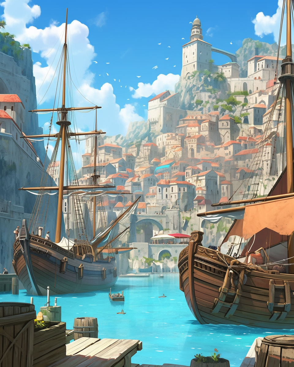 medieval port town illustration