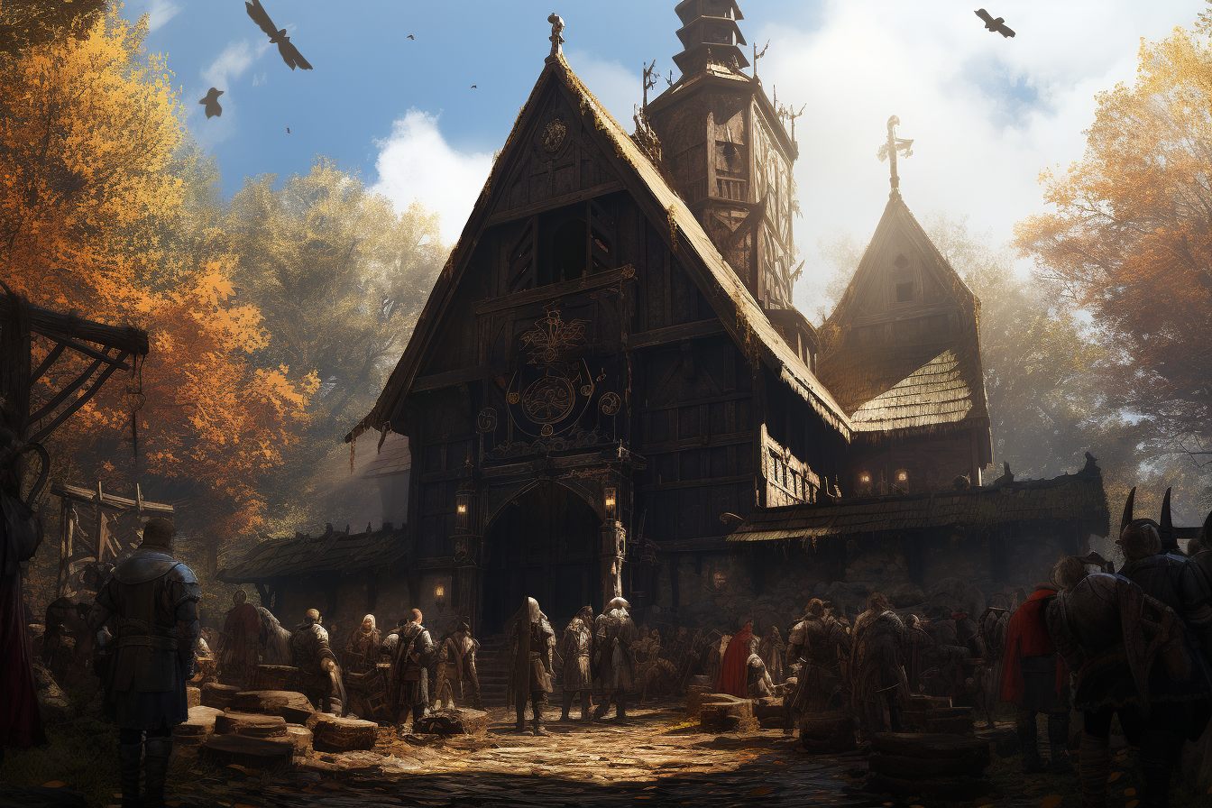 Wooden Church with People in a Fantasy Setting  ?