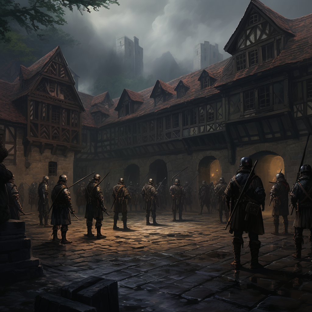 Training of Medieval German Soldiers in Stone Courtyard