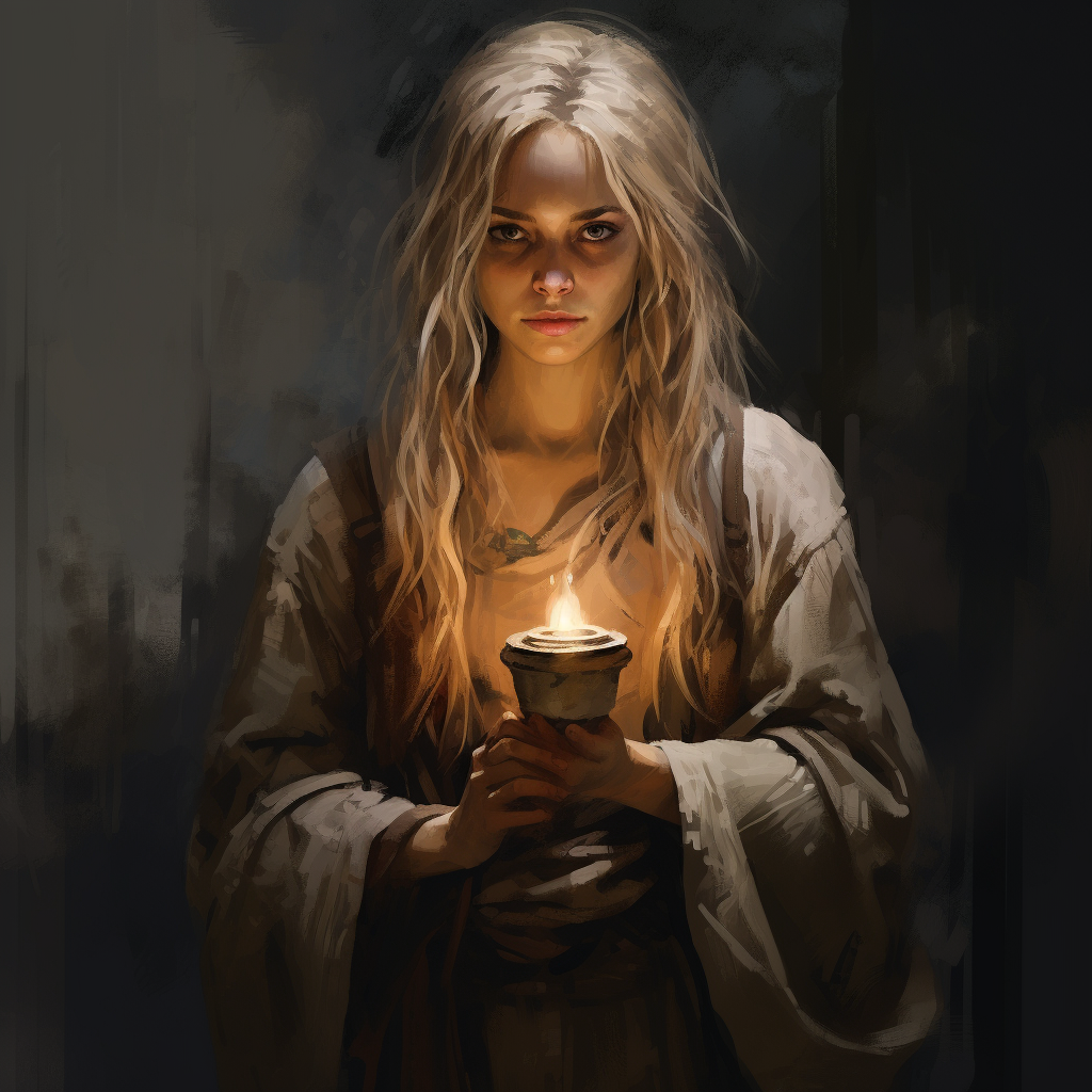 Poor medieval girl holding a candle in a small iron pot