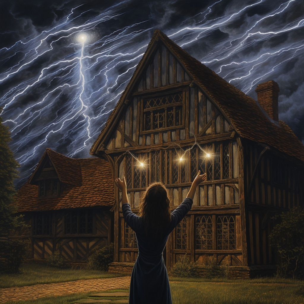 Woman conjuring lightning in medieval setting