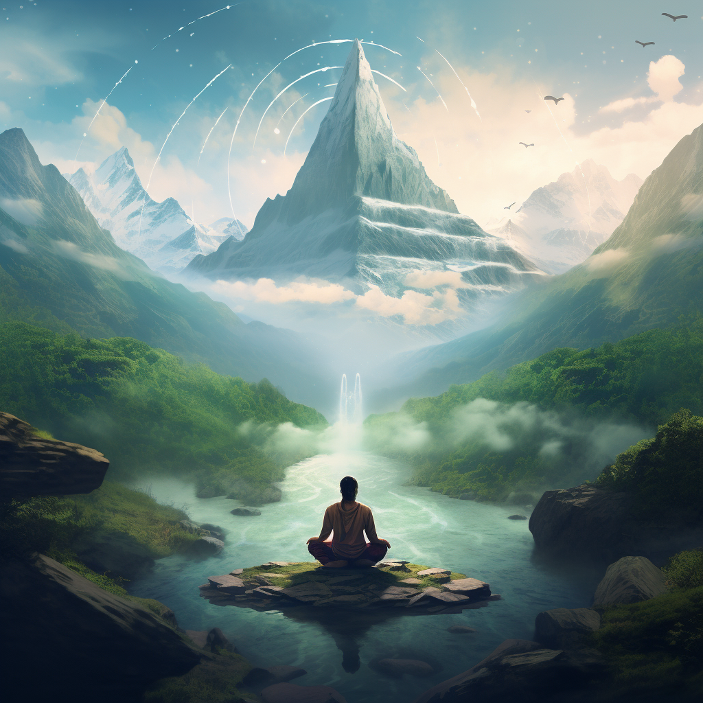 Yogi Floating Over Magical Meditation Scene