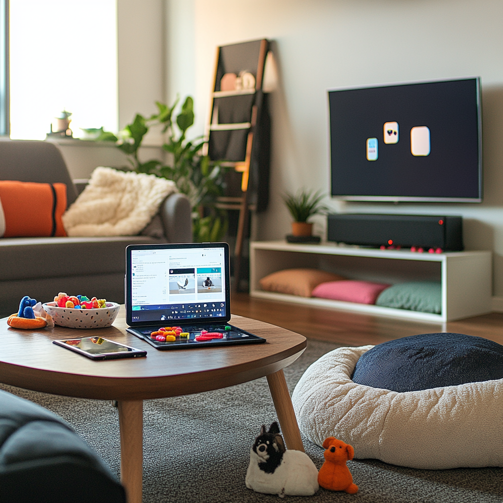 Modern living room with pet care items