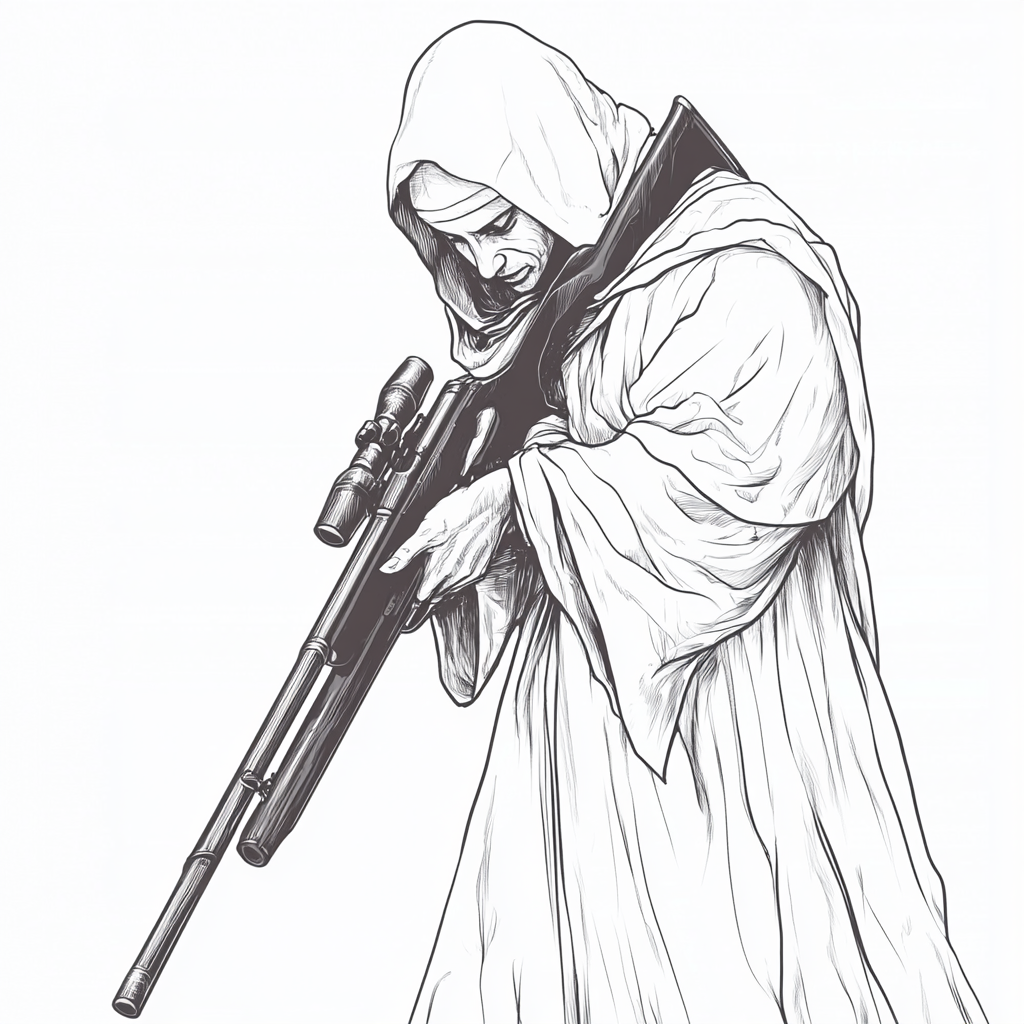 Monk in white robe with rifle