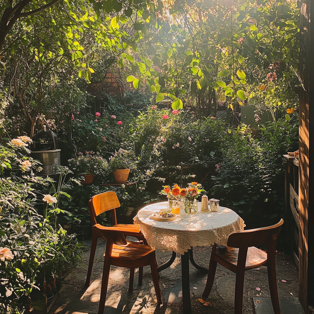 Outdoor lunch amidst blooming flowers