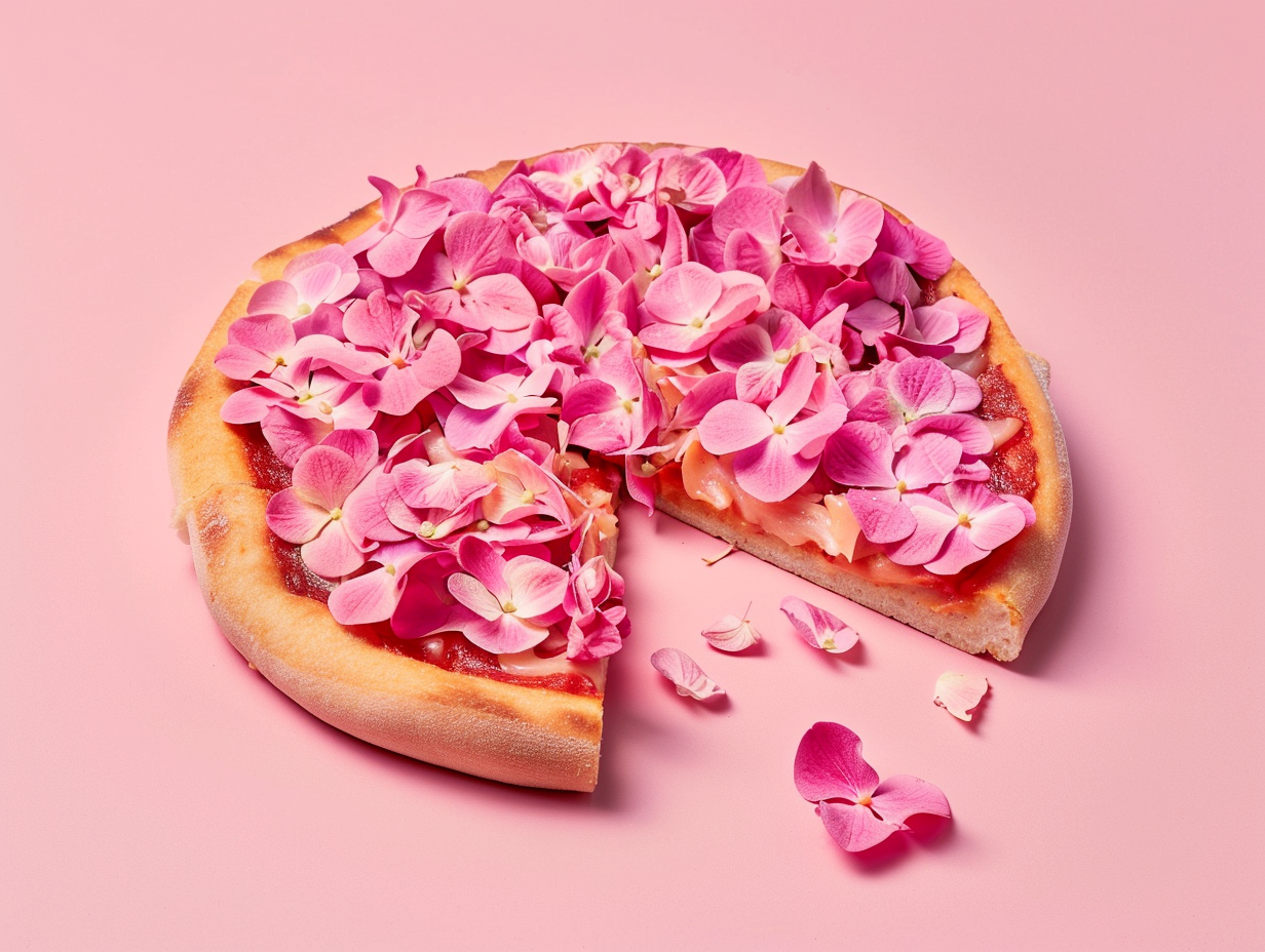 Makeup resembling pizza with hydrangeas