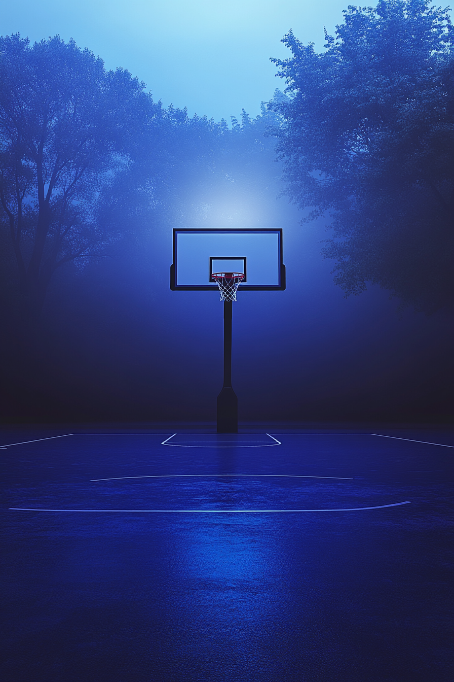 Basketball court immersed in deep blue