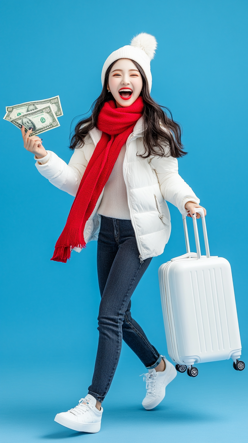 Fashionable Asian Woman With Money and Suitcase