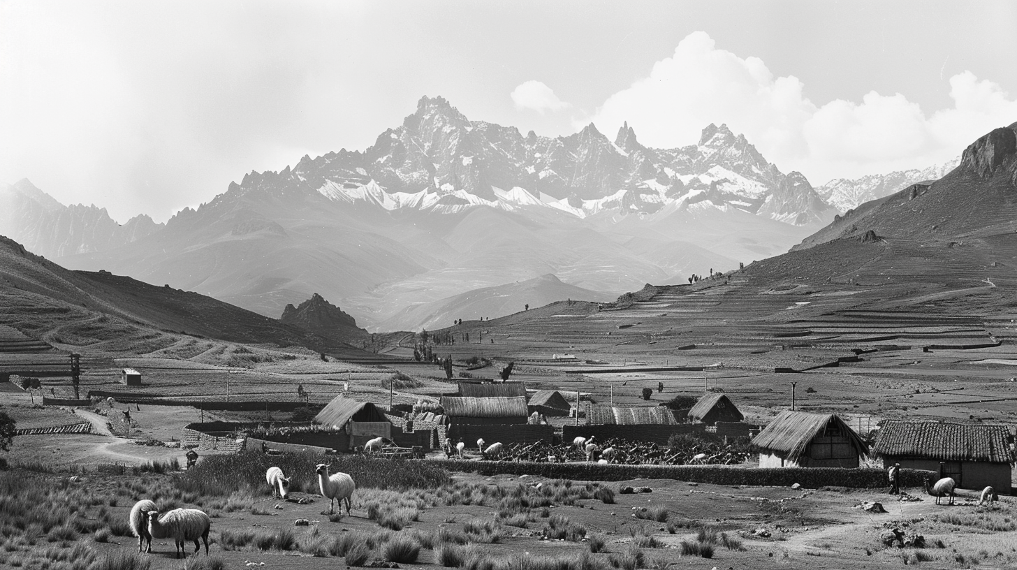 Rural Andes Scene Farmers Llamas