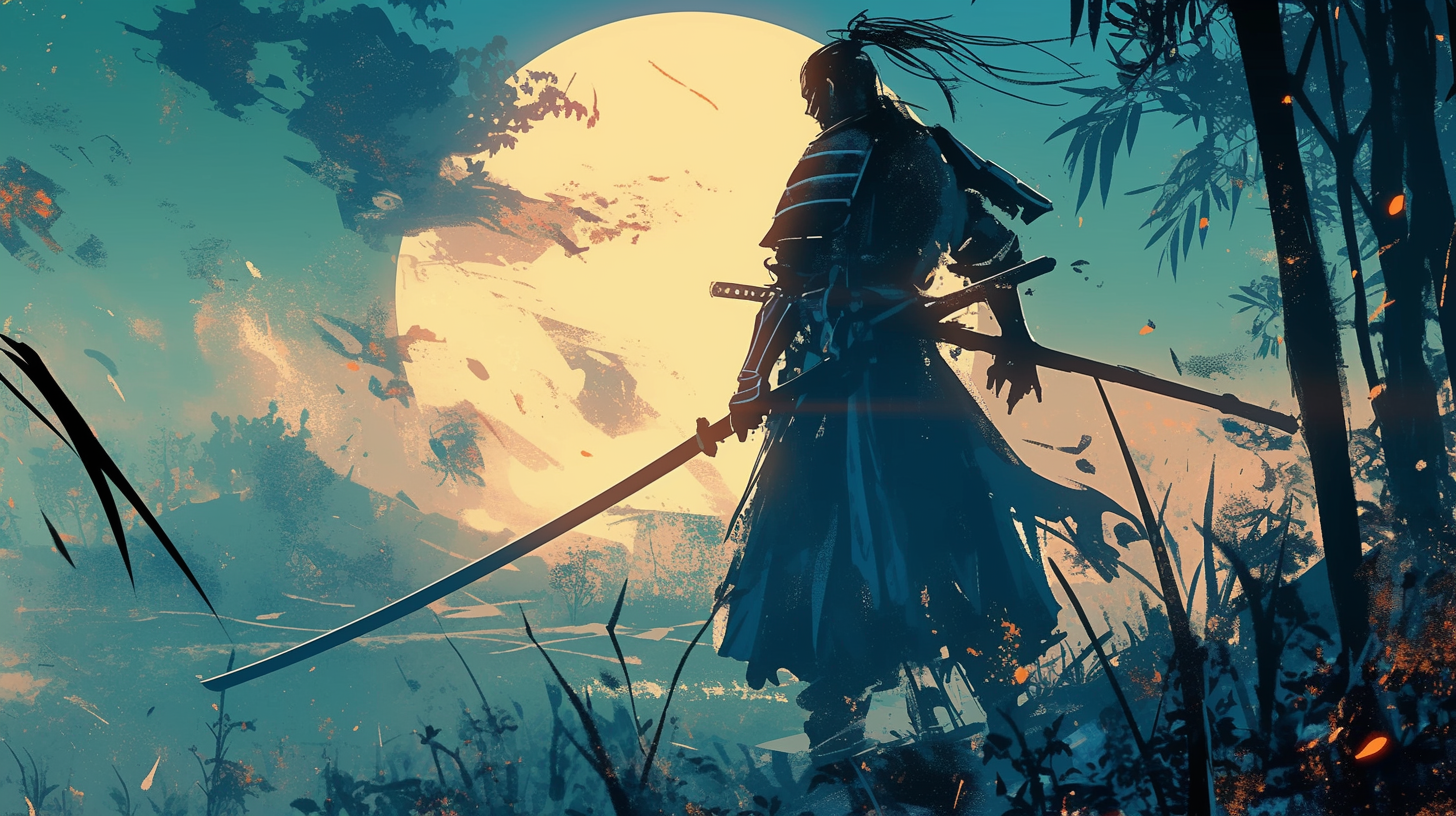 Strong Samurai Silhouette Moonlight Background