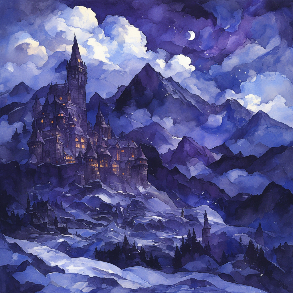 Snow-covered castle in haunting watercolor