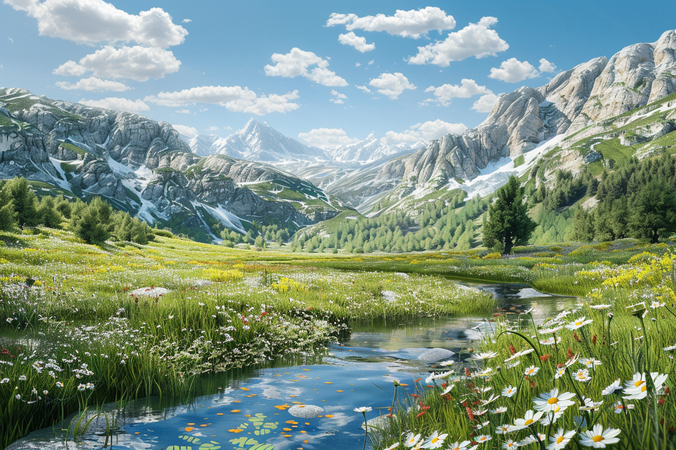 spring valley with green grass, wildflowers, river, cliffs, colors