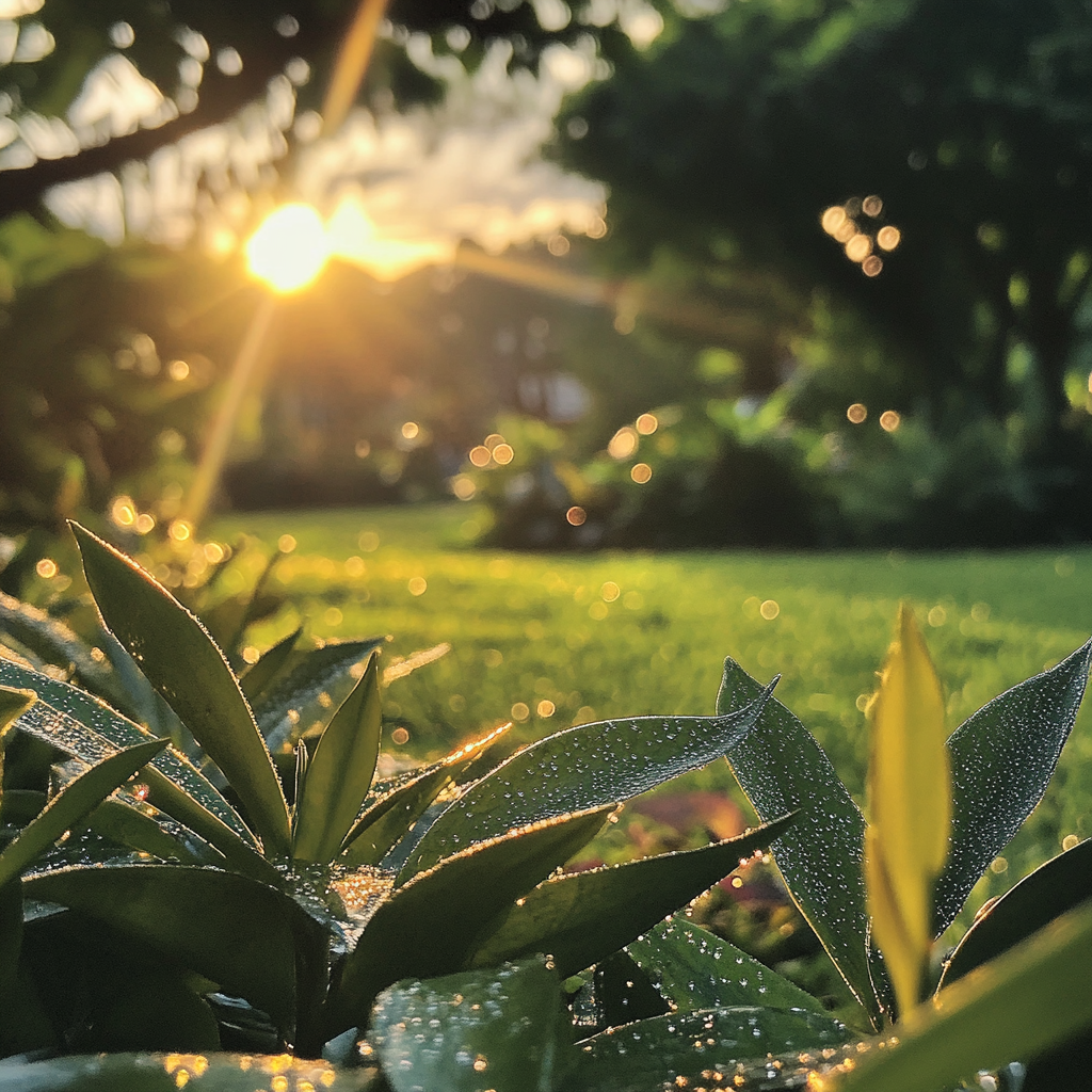 Sunrise garden dewy plants nature