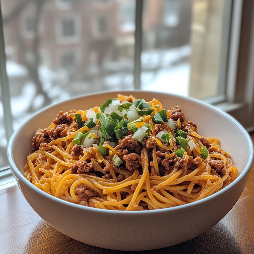 Taco spaghetti on kitchen table