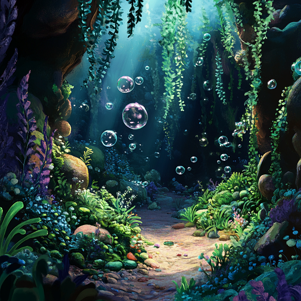 Underwater plants rocks bubbles illustration