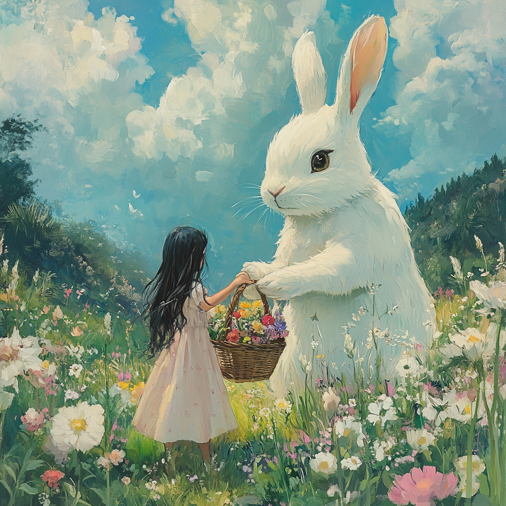 White rabbit and Indonesian girl in field