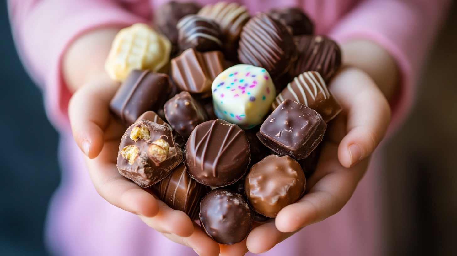 Small hands holding pile chocolates