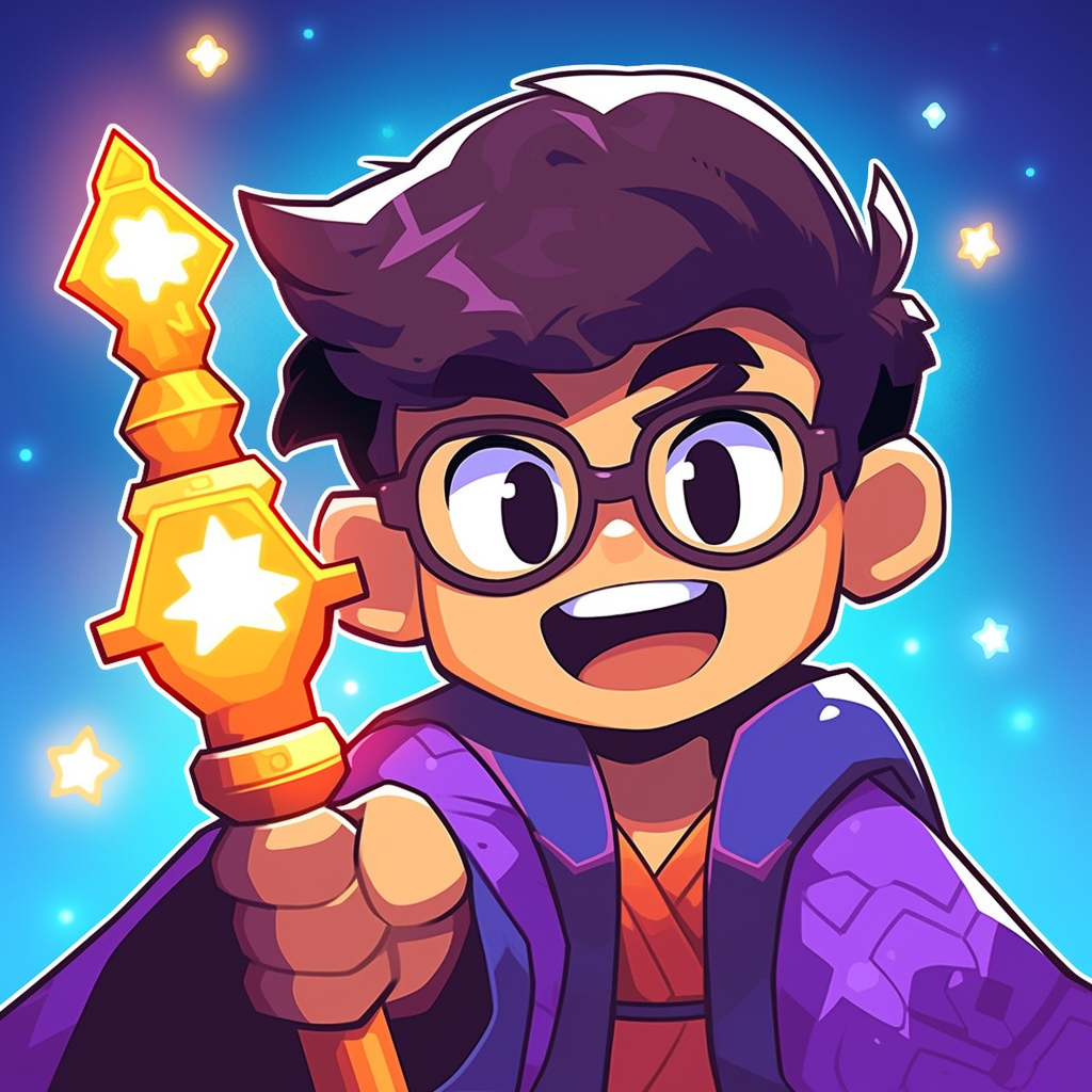 Happy wizard with magic wand