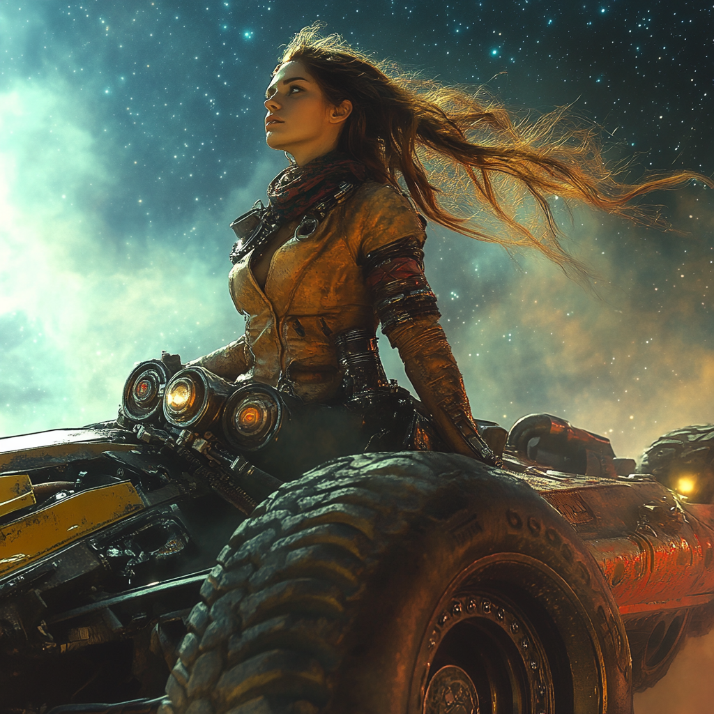 Woman in steampunk attire racing car at night