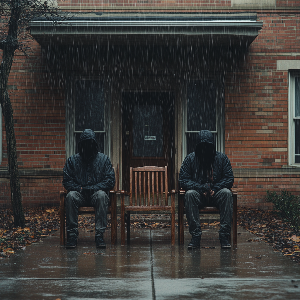 • Two men outside mental institution in rainy weather